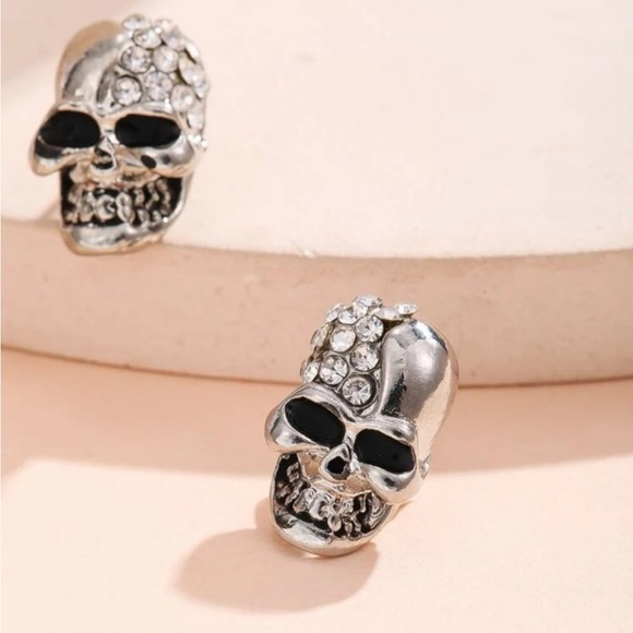 SILVER RHINESTONE SKULL STUD EARRINGS - Picture 2 of 4